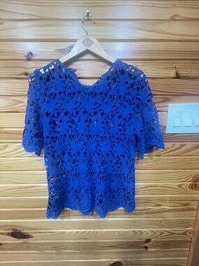 Velvet by Graham & Spencer Cobalt Blue Crochet Lace Short Sleeve Top